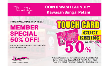 PROMOSI GEMPARRR Coin & Wash Laundry – 50% Diskaun Untuk Ahli Touch Card di Sungai Petani!